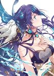  aqua_eyes bangs bare_shoulders blush breasts cleavage closed_mouth collarbone fly_(marguerite) from_side hair_ornament hand_on_own_chest holding large_breasts long_hair looking_up ningyo_hime_(sinoalice) purple_hair simple_background sinoalice sketch solo upper_body white_background 