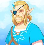  1boy aqua_eyes beard blonde_hair blue_shirt earring eyepatch facial_hair horn link long_hair male_focus metal_gear metal_gear_solid metal_gear_solid_v nintendo pointy_ears scar solo the_legend_of_zelda the_legend_of_zelda:_breath_of_the_wild venom_snake 