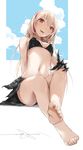  bare_arms bare_legs bare_shoulders bikini black_bikini blonde_hair blue_sky breasts chinese_commentary cleavage cloud cloudy_sky commentary_request crossed_ankles day feet full_body girls_frontline highres long_hair looking_at_viewer m4_sopmod_ii_(girls_frontline) mechanical_arm medium_breasts multicolored_hair pov_feet red_eyes red_hair sarong sitting sky smile soles solo streaked_hair swimsuit toe_scrunch toes two-tone_hair xie_yizhen 