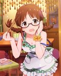  akizuki_ritsuko antenna_hair apron artist_request bangs bare_shoulders blush braid breasts brown_eyes brown_hair chair chopsticks cleavage collarbone curtains dress food frills glasses holding holding_chopsticks idolmaster idolmaster_(classic) idolmaster_million_live! idolmaster_million_live!_theater_days indoors large_breasts long_hair looking_at_viewer official_art open_mouth solo table twin_braids 