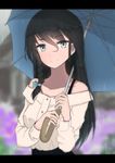  bangs bare_shoulders black_hair blue_ribbon blurry bra_strap braid breasts building buttons clenched_hand collarbone commentary_request depth_of_field eyebrows_visible_through_hair flower grey_eyes hair_between_eyes hair_ribbon hinomaru_(futagun) holding holding_umbrella letterboxed long_hair long_sleeves looking_at_viewer medium_breasts original outdoors rain ribbon shirt single_braid smile solo umbrella upper_body white_shirt 
