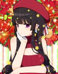  1girl bangs bare_arms bare_shoulders bauble black_hair blunt_bangs blush breasts christmas cleavage cleavage_cutout closed_mouth commentary_request ear_piercing earrings eyebrows_visible_through_hair glint gloves hand_up hat hat_ribbon head_tilt jewelry light_particles long_hair original piercing purple_eyes red_hat red_ribbon ribbon sidelocks small_breasts solo star star_earrings striped striped_ribbon sweater_vest tp_(kido_94) upper_body white_gloves 