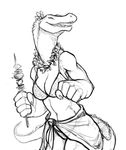  2015 anthro breasts clothed clothing female food garland guoh happy holding_food holding_object non-mammal_breasts open_mouth reptile scalie sharp_teeth simple_background skimpy solo standing teeth white_background 