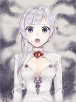  :o arms_at_sides bangs braid commentary_request eyebrows_visible_through_hair grey_hair marchen_noir nervous open_mouth sidelocks sinoalice snow_white_(sinoalice) solo sweat teeth tied_hair upper_body 