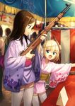  :d bear_mask blonde_hair blue_eyes boko_(girls_und_panzer) bolt_action brown_hair commentary_request fang festival girls_und_panzer gun highres japanese_clothes katyusha kawakami_rokkaku kimono long_hair mask mask_on_head mosin-nagant multiple_girls nonna obi open_mouth outstretched_arm profile rifle sash shooting_gallery short_hair short_kimono smile summer_festival thighhighs v-shaped_eyebrows weapon white_legwear wide_sleeves yukata 