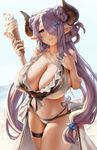  bikini blue_eyes breasts bursting_breasts cleavage commentary_request draph earrings eu03 food granblue_fantasy hair_ornament hair_over_one_eye highres horns huge_breasts ice_cream ice_cream_cone jewelry lips long_hair looking_at_viewer narmaya_(granblue_fantasy) pointy_ears purple_hair side-tie_bikini sideboob simple_background solo swimsuit very_long_hair white_background white_bikini 