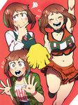  alternate_costume arm_up bad_id bad_tumblr_id bag bare_shoulders belly blush_stickers boku_no_hero_academia breasts brown_hair cheering cheerleader choker cleavage closed_eyes collared_shirt highres medium_breasts midriff multiple_views navel necktie open_clothes open_mouth pleated_skirt pom_poms ponytail shirt short_hair sketchere skirt smile sparkling_eyes stomach teeth tied_hair uraraka_ochako vest white_shirt 