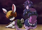  2017 :3 anthro big_ears butt cat clothed clothing colored_nails dragon_ball dragon_ball_super duo feline female gloves hair hair_over_eye hat hop_(dragon_ball) inner_ear_fluff lagomorph looking_at_viewer looking_back lying mammal midriff on_side plagueofgripes rabbit rear_view red_eyes red_nails scarf smile sorrel_(dragon_ball) tongue tongue_out yellow_eyes 