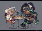  cannibalism cellphone commentary crop_top crown dark_skin eating fingerless_gloves food gloves green_eyes headphones hime_(splatoon) iida_(splatoon) koto_inari long_hair mole mole_under_mouth multiple_girls octarian pantyhose phone purple_hair smile splatoon_(series) splatoon_2 squid takoyaki tentacle_hair white_hair zipper 