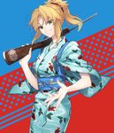  air_gun animal_print bangs blonde_hair blue_kimono citron_82 coin cowboy_shot fate/apocrypha fate_(series) fish_print green_eyes grin gun hand_up highres holding holding_gun holding_weapon japanese_clothes kimono looking_at_viewer mordred_(fate) mordred_(fate)_(all) obi parted_bangs ponytail rifle sash sidelocks smile solo teeth toy weapon 