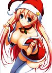  absurdres bell bell_collar blue_eyes breasts christmas cleavage collar fingernails hat highres huge_filesize large_breasts long_hair pink_hair santa_costume santa_hat scan simple_background solo thighhighs tomose_shunsaku very_long_hair white_background 