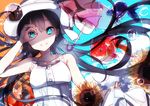  arm_up bangs black_hair blue_eyes bubble closed_mouth collarbone commentary_request dress flower gesture hat highres hiiragi_fuyuki koi long_hair looking_at_viewer original skirt_hold smile solo sun_hat sundress sunflower white_hat 