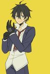  ahoge black_gloves black_hair blue_pants busou_shoujo_machiavellism flat_color gloves green_eyes hair_between_eyes highres long_sleeves male_focus necktie nomura_fudou pants red_neckwear school_uniform simple_background smile solo yellow_background yuuki_sudachi 