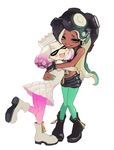  aqua_eyes aqua_hair bare_shoulders black_hair blush_stickers breasts cephalopod_eyes commentary crop_top crown dark_skin domino_mask dress fang fingerless_gloves full_body gloves green_legwear half-closed_eyes happy hime_(splatoon) hug iida_(splatoon) leg_up mask medium_breasts midriff mole mole_under_eye mole_under_mouth multicolored_hair multiple_girls navel navel_piercing octarian open_mouth pantyhose pantyhose_under_shorts piercing pink_hair pink_legwear pink_pupils simple_background smile sophie_(693432) splatoon_(series) splatoon_2 symbol-shaped_pupils tentacle_hair two-tone_hair white_background white_hair 