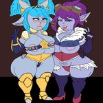  b0nf1r3 big_breasts blue_hair blush breasts cleavage clothed clothing english_text eyewear female fingerless_gloves footwear gloves goggles hair high_heels huge_breasts league_of_legends poppy_(lol) purple_hair riot_games shoes text thick_thighs tristana_(lol) video_games wide_hips yordle 