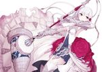  armpits asymmetrical_hair bangs blue_skirt boushi-ya breasts cleavage closed_mouth commentary dress dutch_angle eyebrows_visible_through_hair hammer holding holding_weapon long_dress long_hair pleated_skirt simple_background sinoalice skirt small_breasts snow_white_(sinoalice) solo thighhighs weapon white_background white_dress white_legwear 