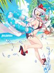  ass bare_legs beach bikini blue_eyes blue_innertube blue_sky bracelet breasts cleavage crab criin criss-cross_halter day food from_side full_body halterneck hand_on_hip heterochromia high_heels highres hilda_(iron_saga) innertube iron_saga jewelry labcoat looking_at_viewer off_shoulder official_art outdoors popsicle short_hair side-tie_bikini sky slit_pupils small_breasts solo standing standing_on_one_leg sunglasses swimsuit watermark white_hair yellow_eyes 