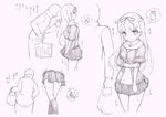  1boy 1girl admiral_(kantai_collection) arms_behind_back blush diamond_(shape) door door_handle eyebrows_visible_through_hair from_behind greyscale hair_ornament hair_ribbon hairclip hands_together have_to_pee highres jacket kantai_collection kneehighs koorimizu long_hair long_sleeves looking_away looking_back monochrome multiple_views pants pleated_skirt ribbon scarf shirt shopping shopping_bag simple_background skirt smile socks squat_toilet standing sweat t-head_admiral text toilet traditional_media translation_request trembling white_background yuudachi_(kantai_collection) 