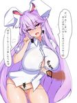  1girl :d after_paizuri animal_ears bangs blush breasts bunny_ears button_gap censored commentary_request cowboy_shot cum cum_on_body cum_on_breasts cum_on_upper_body cum_string cumdrip dress_shirt heavy_breathing hetero highres index_finger_raised large_breasts lavender_hair long_hair looking_at_viewer no_pants nose_blush open_mouth panties penis red_eyes reisen_udongein_inaba shirt short_sleeves smile solo_focus speech_bubble sprout_(33510539) touhou translation_request underwear very_long_hair white_panties white_shirt 