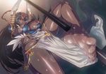  1girl aya_(thon2hk) bandage barefoot breasts circlet dark_skin dutch_angle fate/grand_order fate_(series) feathers feet forehead_jewel green_eyes jewelry large_breasts legs loincloth long_hair looking_at_viewer looking_down pole_dancing revealing_clothes scheherazade_(fate/grand_order) shiny_skin solo sweat thighs veil 