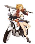  blonde_hair clarent fate/apocrypha fate_(series) green_eyes ground_vehicle long_hair midriff mordred_(fate) mordred_(fate)_(all) motor_vehicle motorcycle navel ningen_(ningen96) ponytail short_shorts shorts smile solo weapon 