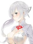  asymmetrical_hair backlighting bangs blue_eyes blush breasts cleavage closed_mouth commentary_request from_side grey_hair large_breasts long_hair sidelocks simple_background sinoalice snow_white_(sinoalice) solo starry_babe white_background 