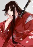  alternate_form black_hair blue_eyes chin_rest cosplay hanadi_(hndboo) inuyasha inuyasha_(character) inuyasha_(character)_(cosplay) izumi-no-kami_kanesada japanese_clothes katana kimono long_hair male_focus profile sheath sheathed smile solo suikan sword touken_ranbu weapon 