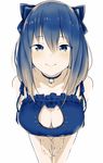  bad_id bad_twitter_id bare_shoulders bell bell_choker blue_bra blue_eyes blue_hair blush bow bra breasts cat_cutout cat_lingerie choker cleavage cleavage_cutout collarbone commentary cowboy_shot foreshortening frilled_bra frills hair_between_eyes hair_bow highres jingle_bell large_breasts leaning_forward long_hair looking_at_viewer meme_attire original smile solo tatsu_shinomu underwear underwear_only 