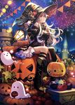  boots breasts cleavage colorful dress female_my_unit_(fire_emblem_if) fire_emblem fire_emblem_cipher fire_emblem_heroes fire_emblem_if fireworks ghost halloween hat highres jack-o'-lantern knee_boots kneehighs konfuzikokon long_hair looking_up medium_breasts my_unit_(fire_emblem_if) night night_sky official_art pumpkin red_eyes short_dress side_slit sitting sky sleeveless smile stuffed_toy white_hair witch_hat 