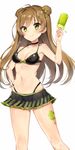  absurdres bada_(jksh5056) bikini bikini_skirt black_bikini breasts brown_hair choker double_bun food girls_frontline green_eyes halter_top halterneck highres long_hair looking_at_viewer medium_breasts navel popsicle rfb_(girls_frontline) simple_background smile solo standing stomach swimsuit white_background 