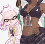  2girls aqua_hair bare_shoulders black_hair breast_envy breasts cleavage close-up collarbone commentary crop_top crown dark_skin dress envy fingerless_gloves gloves hand_on_hip hand_on_own_chin head_out_of_frame hime_(splatoon) iida_(splatoon) looking_at_another medium_breasts midriff mole mole_under_mouth multicolored_hair multiple_girls navel navel_piercing octarian partially_unzipped piercing pink_hair short_eyebrows simple_background sleeveless sleeveless_dress splatoon_(series) splatoon_2 standing stomach symbol-shaped_pupils tentacle_hair thinking two-tone_hair upper_body white_background white_hair yasai_mashimashi yellow_eyes zipper zipper_pull_tab 