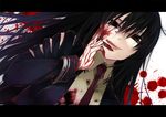  amou_kirukiru black_eyes black_hair blood blood_on_face blood_splatter bloody_clothes bloody_hands busou_shoujo_machiavellism dutch_angle hair_between_eyes kanzaki_karuna licking_lips long_hair looking_at_viewer necktie official_art red_neckwear tongue tongue_out torn_clothes 