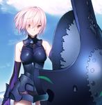  armor bare_shoulders breasts cloud day elbow_gloves fate/grand_order fate_(series) gloves groin lavender_hair mash_kyrielight medium_breasts purple_eyes shield sky solo yangsion 