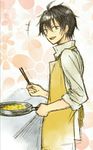  :d apron black_hair busou_shoujo_machiavellism chopsticks cooking frying_pan green_eyes hair_between_eyes holding holding_chopsticks looking_at_viewer male_focus nomura_fudou open_mouth sleeves_rolled_up smile solo yuuki_sudachi 