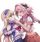  1girl androgynous astolfo_(fate) blue_dress blue_eyes blush braid breasts chevalier_d'eon_(fate/grand_order) cleavage cleavage_cutout crop_top dress fang fate/apocrypha fate/grand_order fate_(series) flower frilled_hairband frills hair_flower hair_intakes hair_ornament hair_ribbon hairband hand_on_another's_chin hetero long_hair looking_at_another looking_away maid midriff navel nervous open_mouth otoko_no_ko pink_hair pleated_skirt purple_eyes red_sailor_collar red_skirt ribbon sailor_collar school_uniform serafuku shirt shoulder_cutout simple_background single_braid skirt small_breasts smile tsuedzu white_background white_shirt 