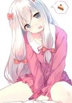  angry bangs blue_eyes bow buttons caidychen commentary eromanga_sensei eyebrows_visible_through_hair hair_between_eyes hair_bow head_tilt highres izumi_sagiri jacket long_hair long_sleeves looking_at_viewer low-tied_long_hair neck_ribbon open_mouth pajamas pink_bow pink_jacket pink_pajamas pink_ribbon pink_shirt pink_shorts ribbon round_teeth shirt shorts silver_hair simple_background sitting solo spoken_food spoken_object teeth v_arms white_background 