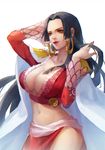  1girl artist_request bare_midriff bare_thighs black_hair boa_hancock breasts cape cleavage epaulettes hand_on_hair large_breasts lips lipstick long_hair midriff navel one_piece simple_background smile solo solofocus white_background 