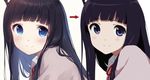  animal_ears black_hair blue_eyes blush caidychen cat_ears closed_mouth commentary comparison directional_arrow long_hair looking_at_viewer multiple_views neck_ribbon original red_ribbon ribbon simple_background smile upper_body white_background wing_collar 