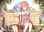  :o arms_at_sides bangs bench blue_eyes blue_hair blurry blush brown_hair closed_eyes day depth_of_field dress fence flower forehead-to-forehead gochuumon_wa_usagi_desu_ka? hair_ornament hairclip half-timbered highres holding_hands hoto_cocoa kafuu_chino long_hair looking_at_another missile228 multiple_girls orange_hair outdoors park park_bench pink_dress polka_dot polka_dot_dress puffy_short_sleeves puffy_sleeves short_hair short_sleeves side-by-side sitting sleeveless sleeveless_dress town x_hair_ornament yellow_dress yuri 