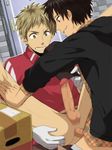  2boys anal ass bottomless box delivery erection gloves leg_lift male_focus multiple_boys outdoors penetration penis public resfrio sex smile spreading_legs yaoi 