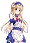  :&lt; androgynous apron arm_behind_back bangs blonde_hair blue_eyes blush chevalier_d'eon_(fate/grand_order) closed_mouth cowboy_shot eyebrows_visible_through_hair fate/grand_order fate_(series) frilled_apron frilled_sleeves frills green_eyes hand_on_own_chest headdress highres long_hair looking_at_viewer maid nonono puffy_short_sleeves puffy_sleeves short_sleeves sidelocks simple_background solo waist_apron white_background 