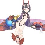  ankle_ribbon breasts commentary cup fate/grand_order fate_(series) feet food fruit gi_(melmail) grapes horns japanese_clothes kimono legs long_toenails looking_at_viewer navel oni oni_horns open_mouth peach purple_eyes purple_hair ribbon sakazuki short_hair shuten_douji_(fate/grand_order) simple_background sitting small_breasts smile soles solo toenails toes white_background 