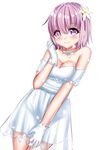  bad_id bad_pixiv_id bare_shoulders breasts bridal_gauntlets cleavage dress fate/grand_order fate_(series) flower gloves hair_flower hair_ornament hand_up highres katou_shinobu looking_at_viewer mash_kyrielight medium_breasts purple_eyes purple_hair see-through smile solo standing white_dress white_gloves 
