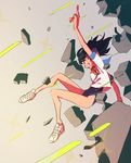  ammonio black_hair commentary explosion grin highres index_finger_raised jumping original shoes smile sneakers solo swimsuit swimsuit_under_clothes teeth white_footwear 