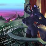  &lt;3 2017 anthro anthrofied balcony big_breasts blue_hair breasts clothing dialogue english_text equine eyes_closed feathered_wings feathers female friendship_is_magic glass hair holding_object horn huge_breasts kevinsano legwear long_hair mammal my_little_pony outside princess_luna_(mlp) pussy solo text winged_unicorn wings 