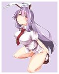  animal_ears bangs between_breasts blush bottomless breasts brown_footwear bunny_ears carrot closed_mouth collared_shirt commentary_request eyebrows_visible_through_hair full_body groin hair_between_eyes highres kz_oji long_hair looking_at_viewer medium_breasts necktie necktie_between_breasts purple_hair red_eyes red_neckwear reisen_udongein_inaba shirt shoes short_sleeves smile socks solo squatting thighs touhou very_long_hair white_legwear white_shirt 