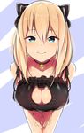  bare_shoulders bell bell_choker black_bra blonde_hair blue_eyes blush bow bra breasts cat_cutout cat_lingerie choker cleavage cleavage_cutout collarbone commentary cowboy_shot foreshortening frilled_bra frills hair_between_eyes hair_bow highres jingle_bell large_breasts leaning_forward long_hair looking_at_viewer meme_attire original smile solo tatsu_shinomu underwear underwear_only 