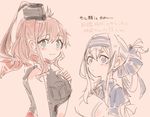 ainu_clothes black_dress blue_eyes breast_pocket brown_hair dress eyebrows_visible_through_hair folded_ponytail headband height_difference itomugi-kun kamoi_(kantai_collection) kantai_collection long_hair looking_at_viewer multiple_girls neckerchief pocket ponytail red_neckwear remodel_(kantai_collection) saratoga_(kantai_collection) side_ponytail sidelocks thick_eyebrows trait_connection translation_request white_hair 