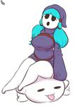  ambiguous_gender big_breasts blue_hair boo_(mario) breasts clothing duo eyes_closed female hair immortalstar legwear mario_bros mask nintendo shygirl shyguy simple_background sitting solo thigh_highs tongue tongue_out video_games white_background 