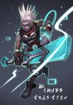  absurdres boots dark_skin dark_skinned_male ekko_(league_of_legends) facial_mark fingerless_gloves gloves green_eyes grey_background highres league_of_legends male_focus maomao mohawk scarf solo spiked_hair sword weapon white_hair 